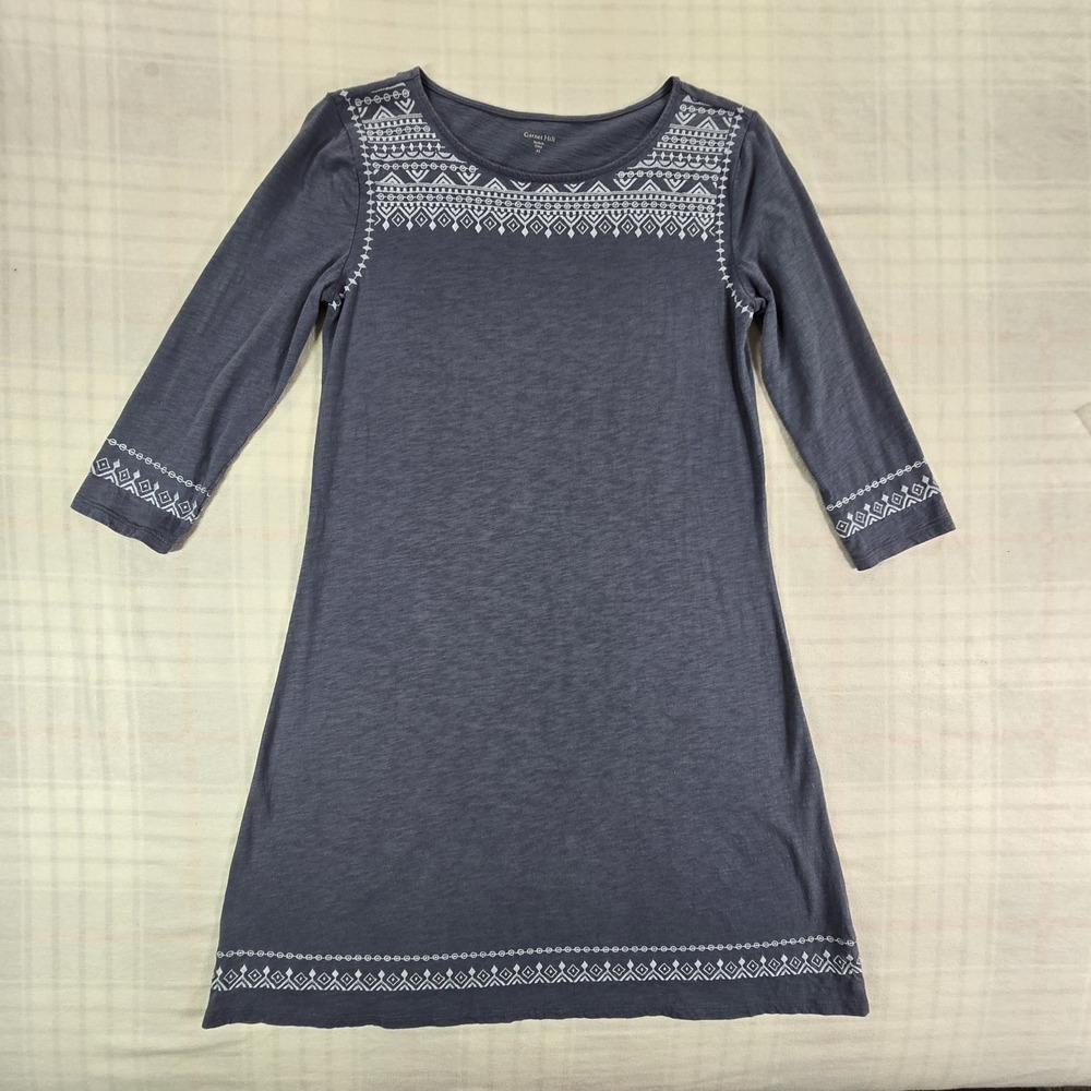 Garnet Hill 100% Organic Cotton Tribal Embroidered Dress Blue Womens XS